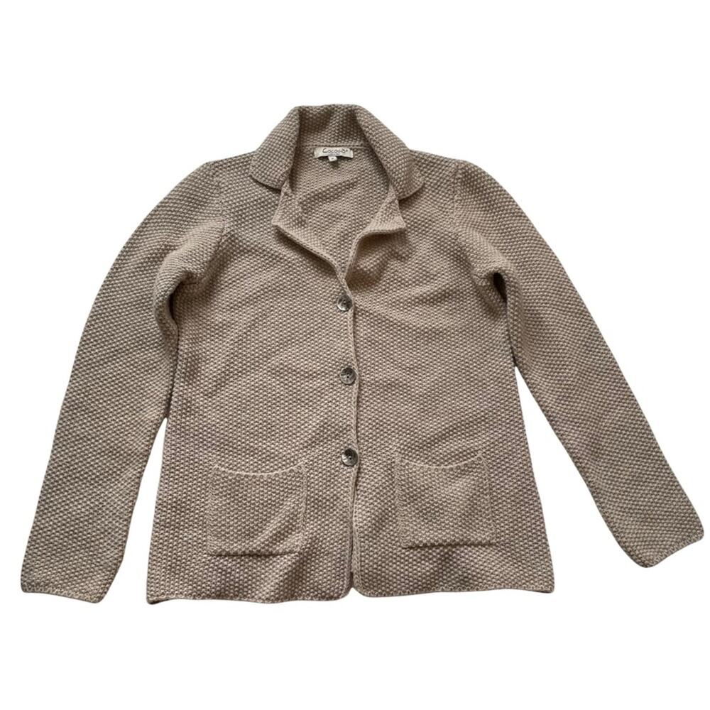 Cocogio Waffle Knit Cardigan Collared Pockets Wool Blend Oatmeal Tan M EUC